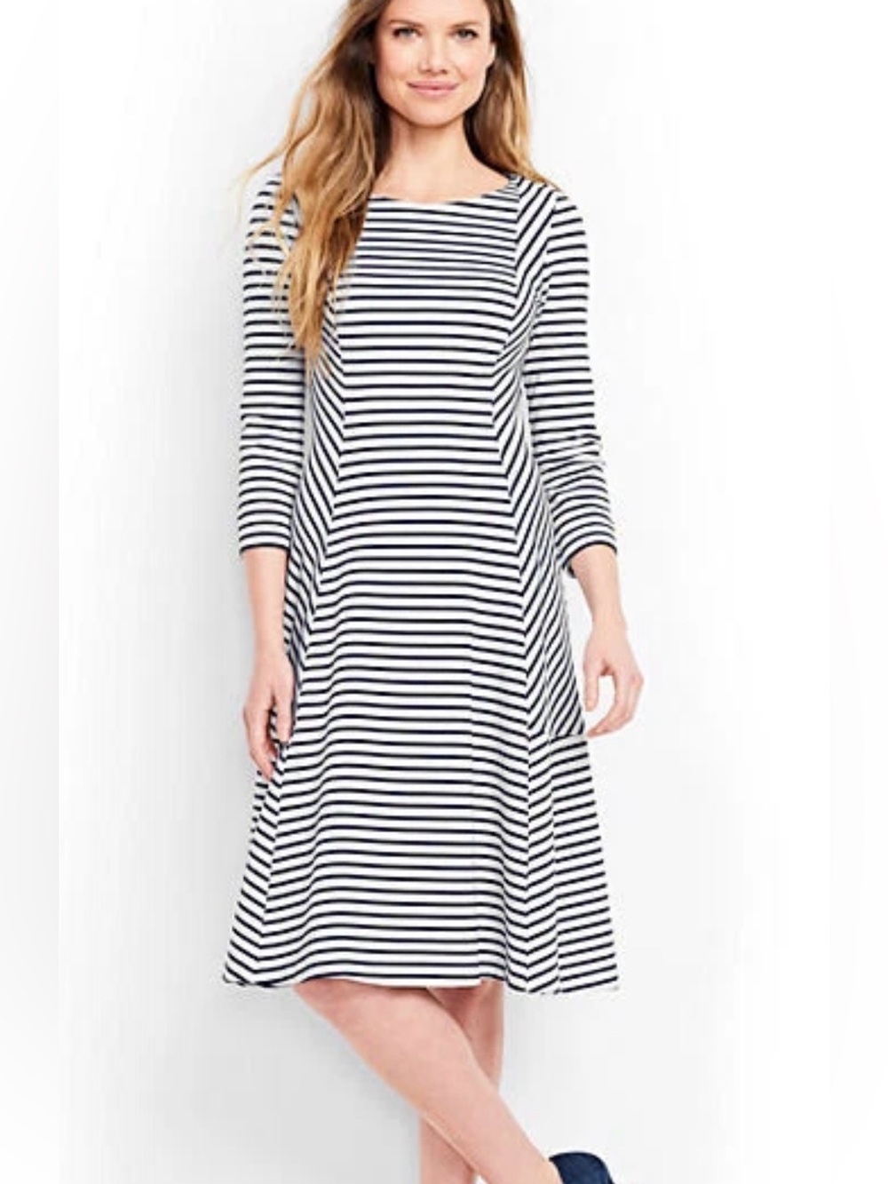 Lands End Women's Large 3/4 Sleeve Ponte Flounce Dress Radiant Navy Stripe
